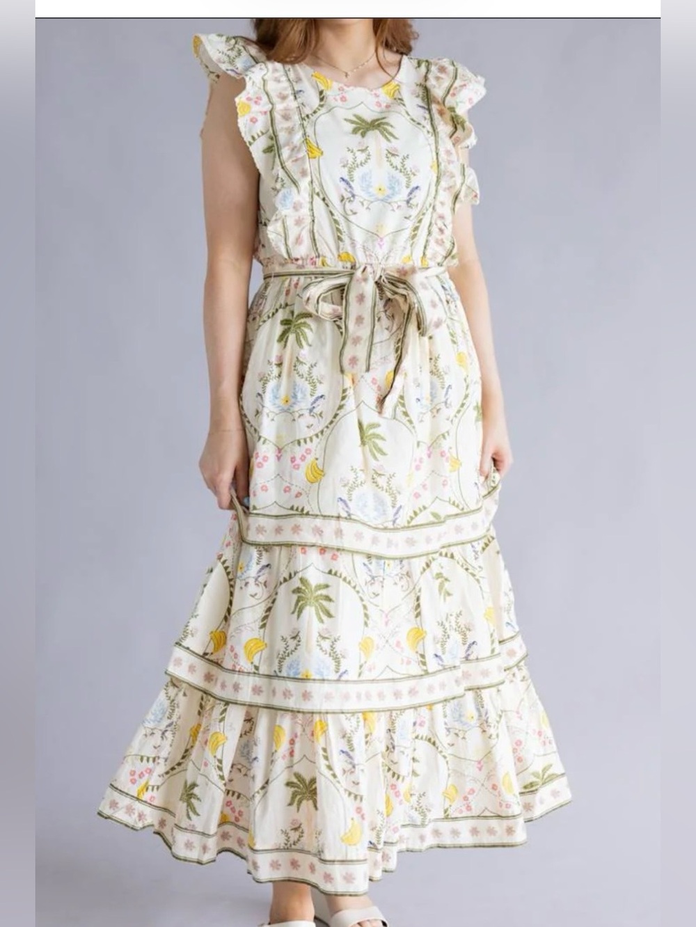 Simply Southern Cream Floral Tiered Maxi Dress with Palm Print small